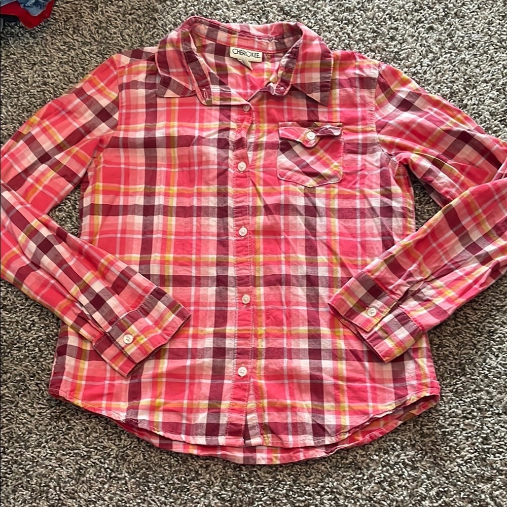 Cherokee Girls Plaid Button-Down Shirt - Pink and Yellow